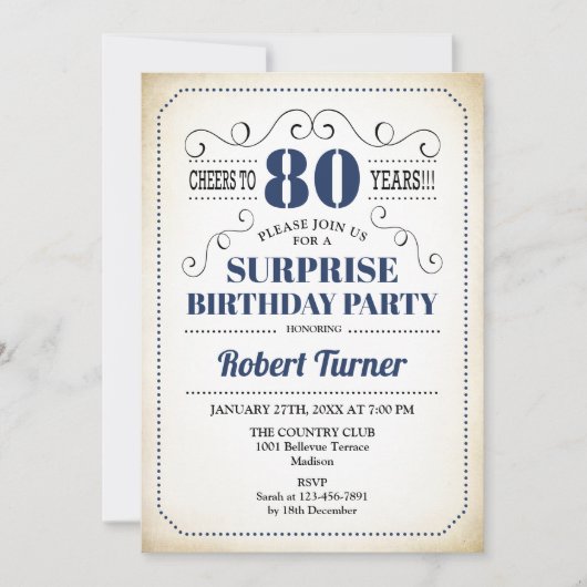 Invitation Surprise 80e anniversaire - Marine bleu blanc noir (Devant)