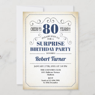 Invitation Surprise 80e anniversaire - Marine bleu blanc noir
