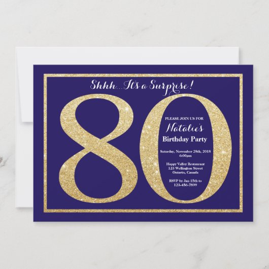 Invitation Surprise 80e anniversaire Marine Blue and Gold Par (Devant)