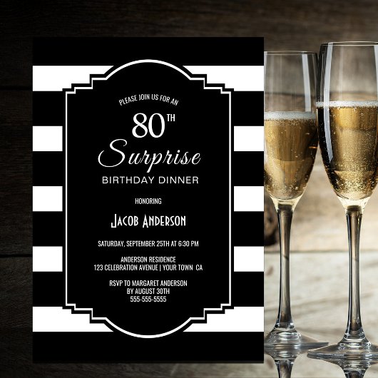 Invitation Surprise 80e anniversaire Noir Blanc rayé Dîner