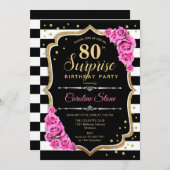 Invitation Surprise 80e anniversaire - Noir blanc rose (Devant / Derrière)