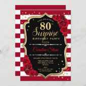 Invitation Surprise 80e anniversaire - Noir Blanc Rouge (Devant / Derrière)