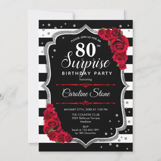 Invitation Surprise 80e anniversaire - Noir Blanc Rouge (Devant)