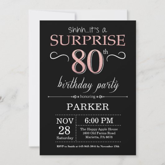 Invitation Surprise 80e anniversaire Noir et Rose Or rose (Devant)