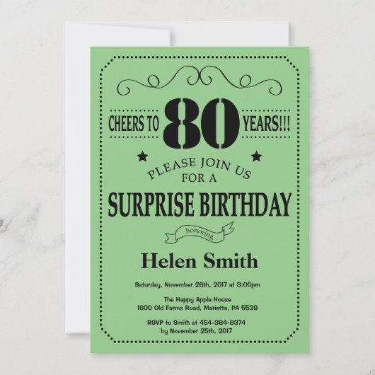 Invitation Surprise 80e anniversaire noir et vert (Devant)