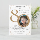 Invitation Surprise 80e Anniversaire Or Blanc Enregistrer la (Debout devant)