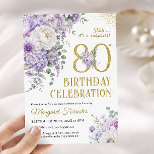 Invitation Surprise 80e Anniversaire Or Violet Floral Élégant