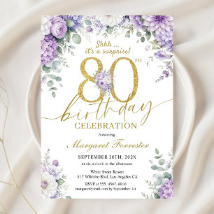 Invitation Surprise 80e anniversaire or violet floral élégant