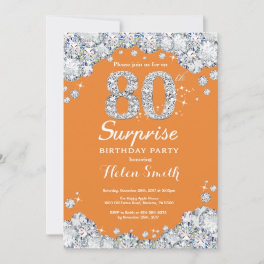 Invitation Surprise 80e anniversaire Orange et Silver Diamond (Devant)