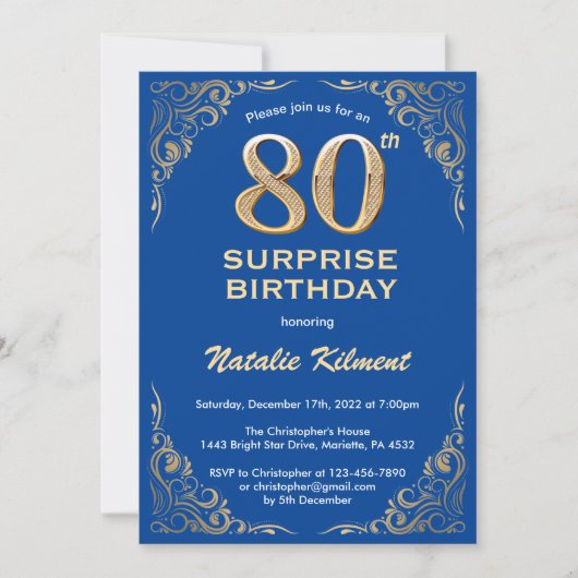 Invitation Surprise 80e anniversaire Parties scintillant bleu (Devant)