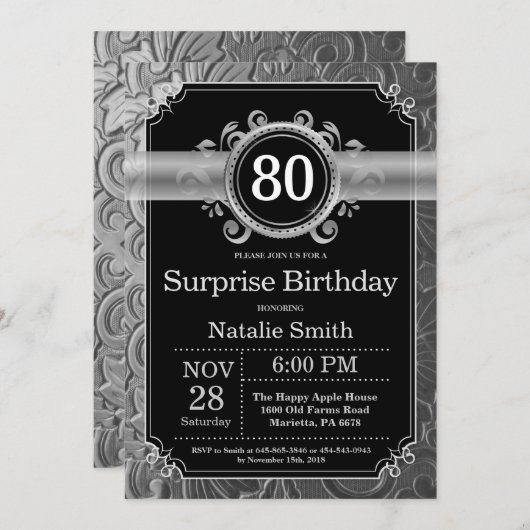 Invitation Surprise 80e anniversaire Parties scintillant noir (Devant / Derrière)