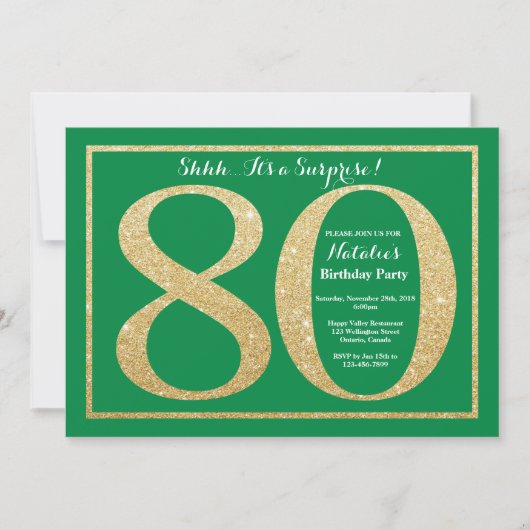 Invitation Surprise 80e anniversaire Parties scintillant vert (Devant)