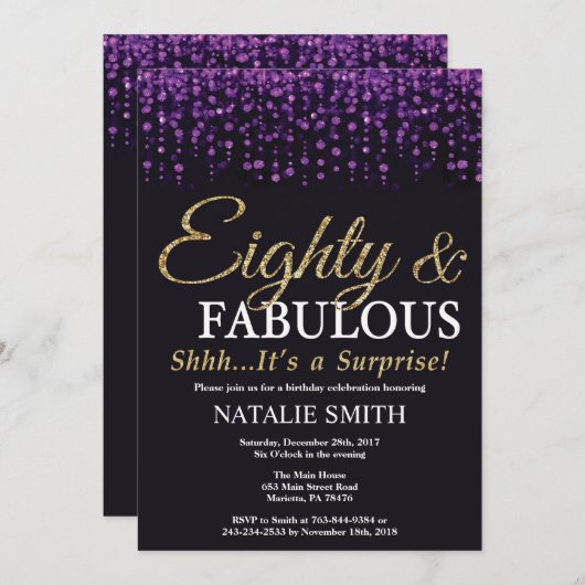 Invitation Surprise 80e anniversaire Parties scintillant viol (Devant / Derrière)