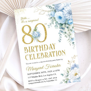 Invitation Surprise 80e Anniversaire Poussiéreux Bleu Or Pail