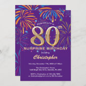 Invitation Surprise 80e anniversaire Purple and Gold Firework (Devant / Derrière)