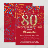 Invitation Surprise 80e anniversaire Red & Gold Rainbow Firew (Devant / Derrière)