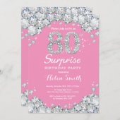 Invitation Surprise 80e anniversaire rose et diamant d'argent (Devant / Derrière)