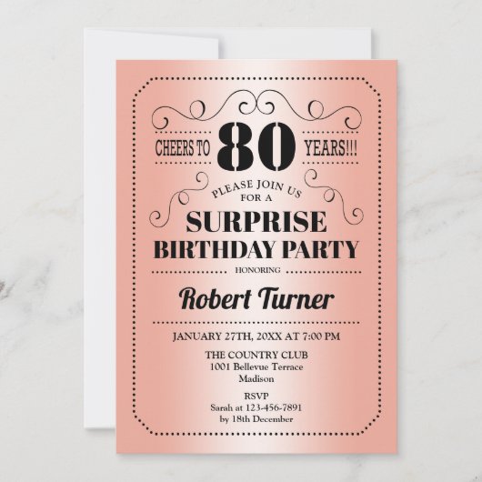 Invitation Surprise 80e anniversaire - Rose Gold Black (Devant)