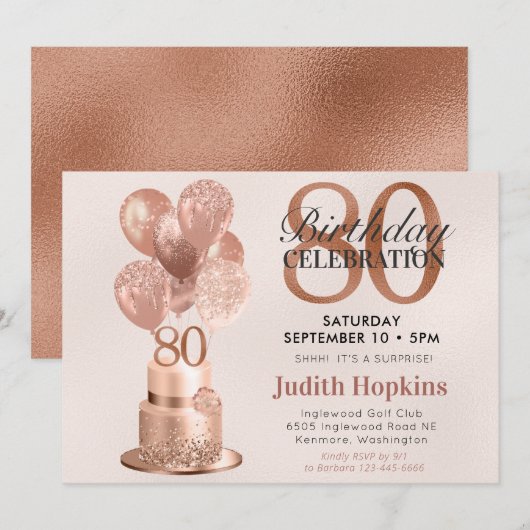 Invitation Surprise 80e anniversaire Rose Gold Cake (Devant / Derrière)