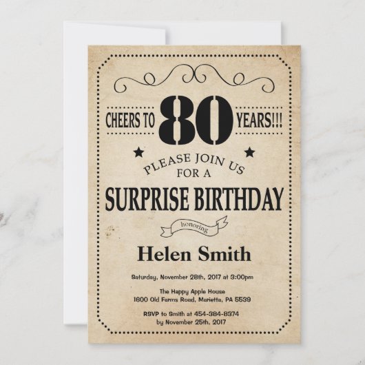 Invitation Surprise 80e anniversaire Rustic Vintage Retro (Devant)