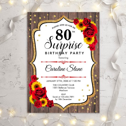 Invitation Surprise 80e anniversaire - Tournesols Bois rustiq