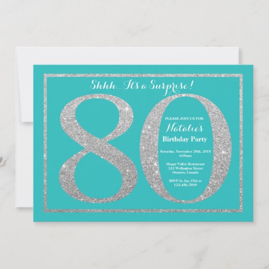 Invitation Surprise 80e anniversaire Turquoise et Parties sci (Devant)