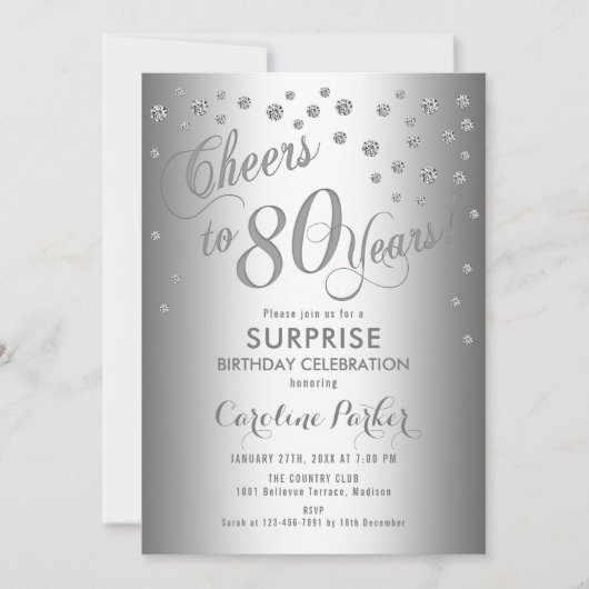 Invitation Surprise 80e fête d'anniversaire - Argent (Devant)
