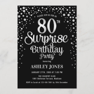 Invitation Surprise 80e fête d'anniversaire - Argent et Noir