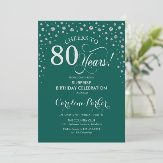 Invitation Surprise 80e fête d'anniversaire - Argent vert (Debout devant)