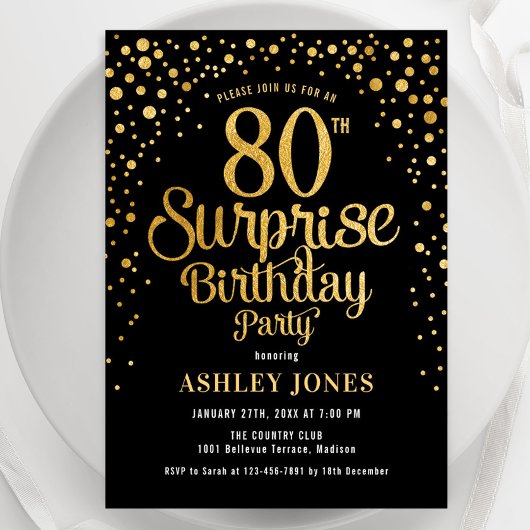 Invitation Surprise 80e fête d'anniversaire - Black & Gold