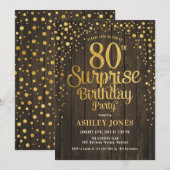 Invitation Surprise 80e fête d'anniversaire - Bois & Or (Devant / Derrière)