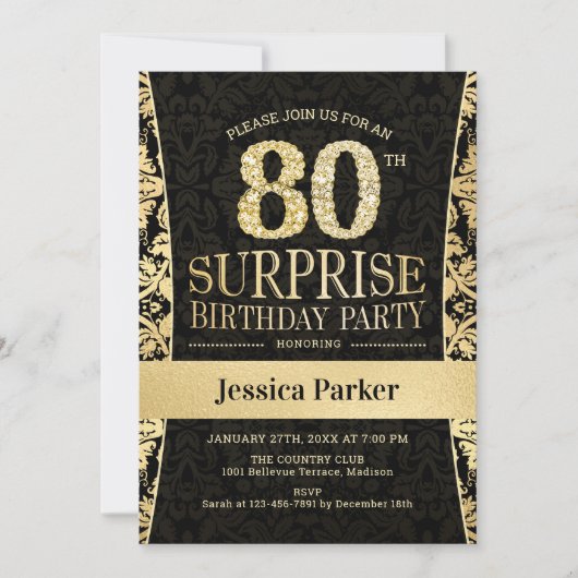 Invitation Surprise 80e fête d'anniversaire - Gold Black (Devant)