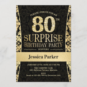 Invitation Surprise 80e fête d'anniversaire - Gold Black