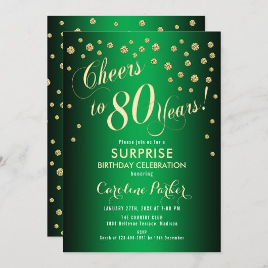 Invitation Surprise 80e fête d'anniversaire - Gold Green (Devant / Derrière)