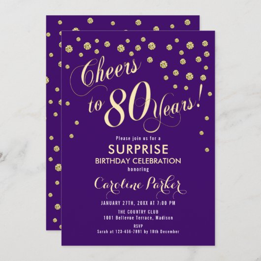 Invitation Surprise 80e fête d'anniversaire - Gold Purple (Devant / Derrière)