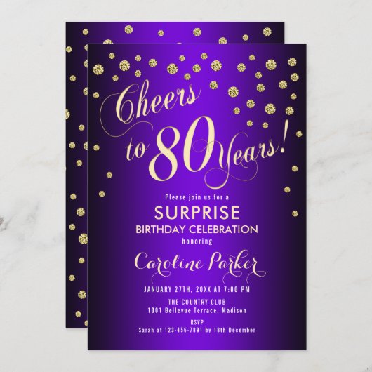 Invitation Surprise 80e fête d'anniversaire - Gold Purple (Devant / Derrière)