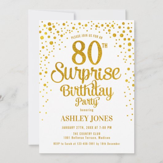 Invitation Surprise 80e fête d'anniversaire - Gold & White (Devant)