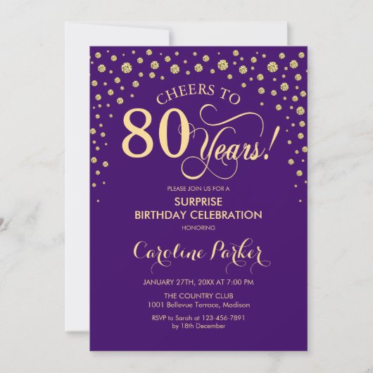 Invitation Surprise 80e fête d'anniversaire - Purple Gold (Devant)