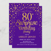 Invitation Surprise 80e fête d'anniversaire - Purple & Gold (Devant / Derrière)