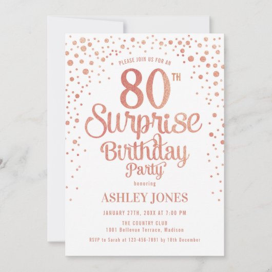 Invitation Surprise 80e fête d'anniversaire - Rose Gold & Whi (Devant)