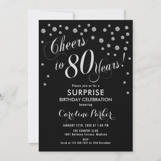 Invitation Surprise 80e fête d'anniversaire - Silver Black (Devant)