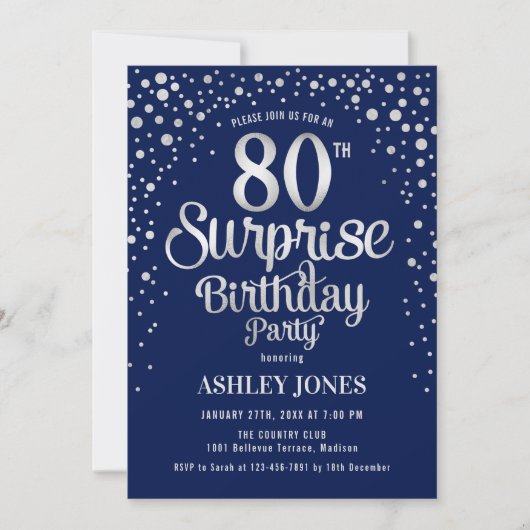 Invitation Surprise 80e fête d'anniversaire - Silver & Navy B (Devant)