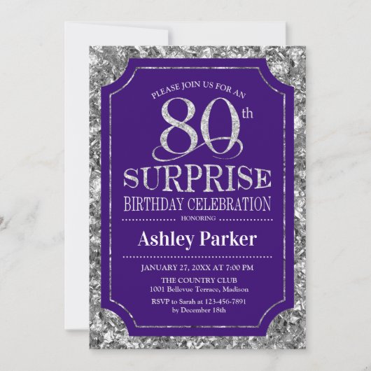 Invitation Surprise 80e fête d'anniversaire - Silver Purple (Devant)