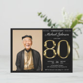 Invitation Surprise 80ème Black Gold Texte Photo Anniversaire (Debout devant)