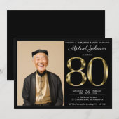 Invitation Surprise 80ème Black Gold Texte Photo Anniversaire (Devant / Derrière)