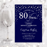 Invitation Surprise 80th Birthday Party - Navy Blue Silver<br><div class="desc">Surprise 80th Birthday Party Invitation.
Elegant design in navy blue and faux glitter silver. Features script font and diamonds confetti. Cheers to 80 Years! Message me if you need further customization.</div>
