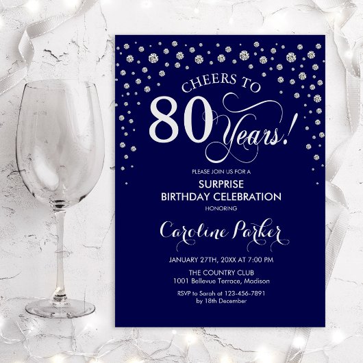 Invitation Surprise 80th Birthday Party - Navy Blue Silver