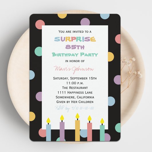 Invitation Surprise 85e fête d'anniversaire avec cinq bougies