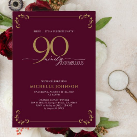 Invitation Surprise 90 & Fabuleux Anniversaire Bourgogne & Or