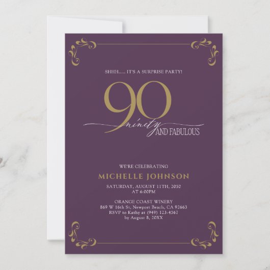 Invitation Surprise 90 & Fabuleux Anniversaire Purple & Or (Devant)